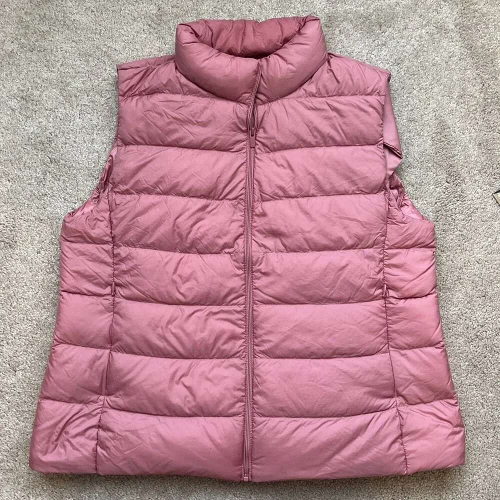 Uniqlo Down Puffer Vest Womens Medium Pink Ultra Light Zip Packable Bag Layer